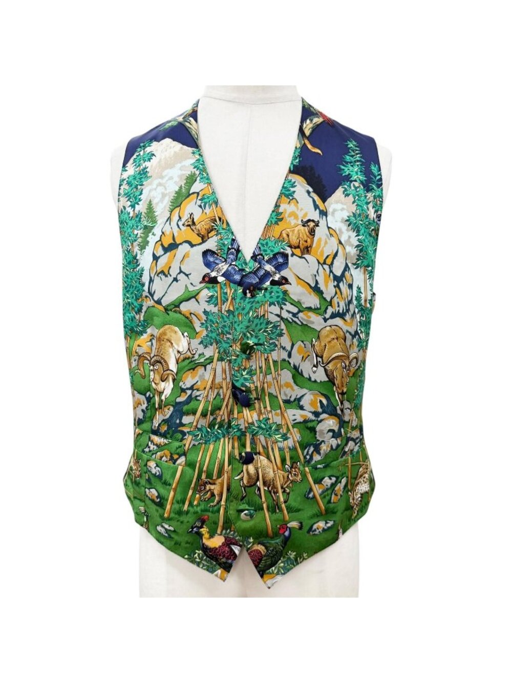 Hermes Vintage Silk 100% Sichuan V-neck Gilet Vest Green Navy 52